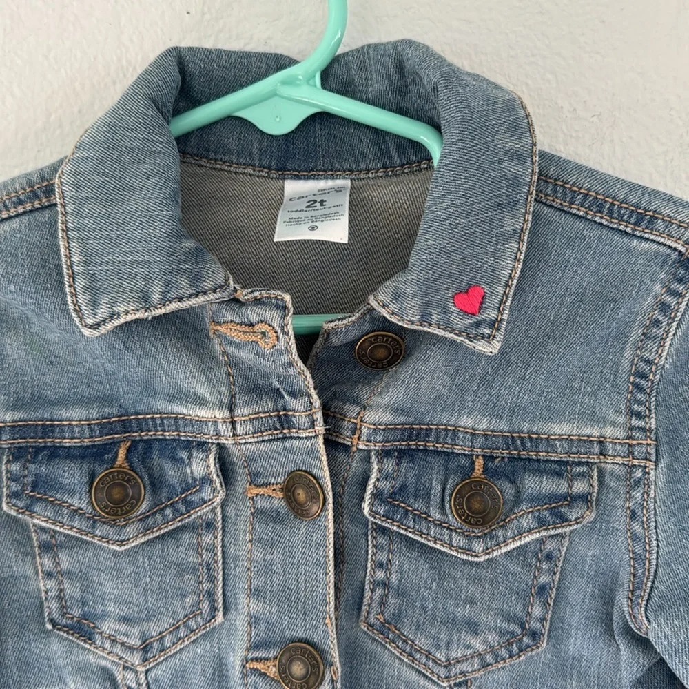 Carter’s girls blue embroidered heart button up stretch jean jacket size 2T